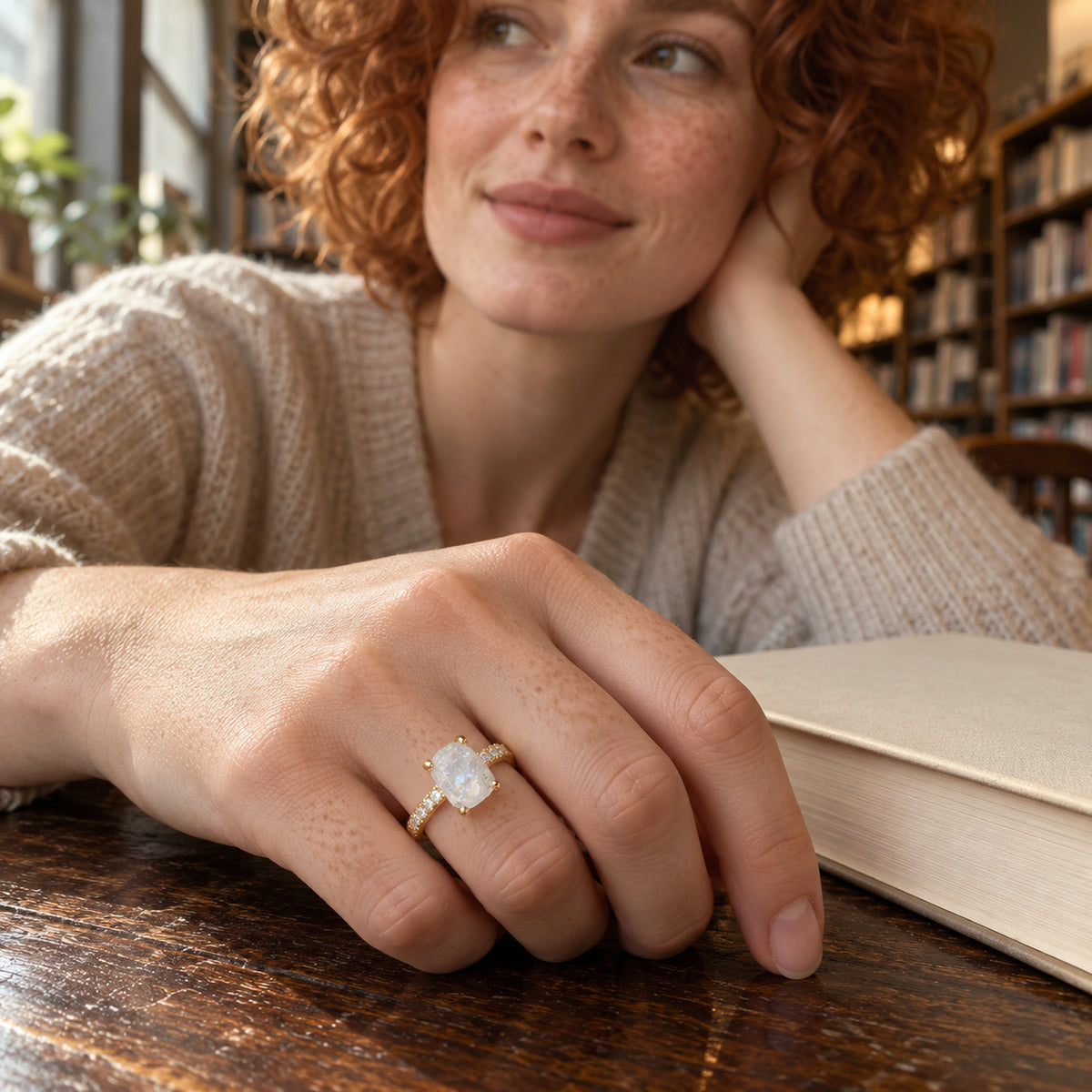 A yellow gold vermeil moonstone ring is shown on a freckled hand beside a closed book on a wooden table.
