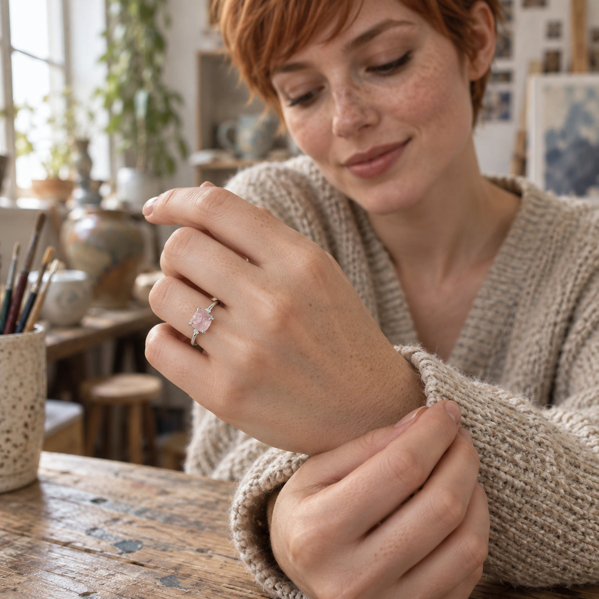 A silver ring with a pink stone is visible on a freckled hand above a knitted cuff in an art studio.
