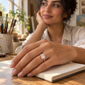 A rose gold vermeil ring with a clear oval stone is worn on a hand resting on an open notebook beside paintbrushes.