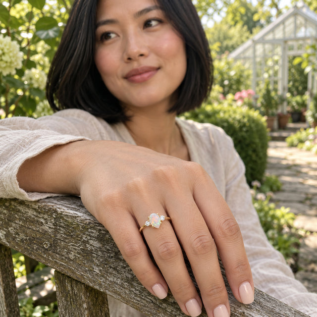 A hand wearing the yellow gold opal ring rests on a weathered bench in a leafy garden.
