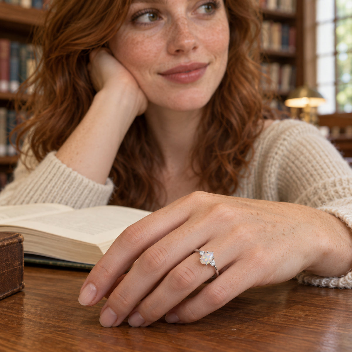 A silver opal ring is shown on a freckled hand beside an open book on a library table.