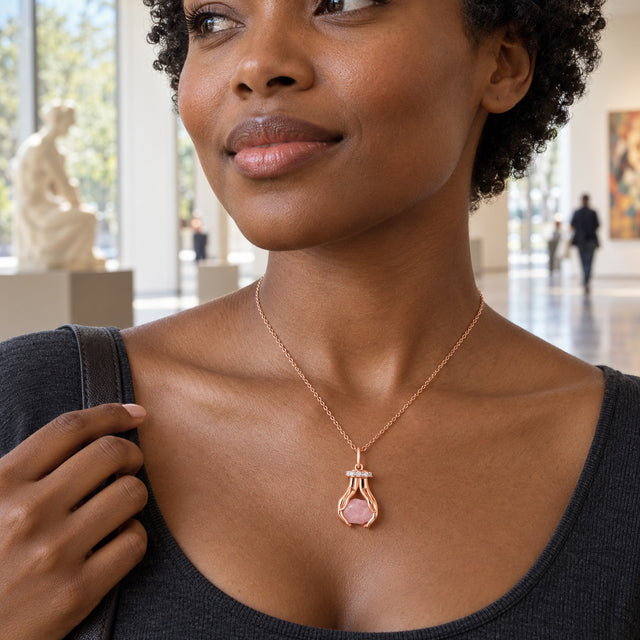 A rose gold necklace with sculpted hands around a raw pink stone rests above a charcoal neckline in a bright gallery.