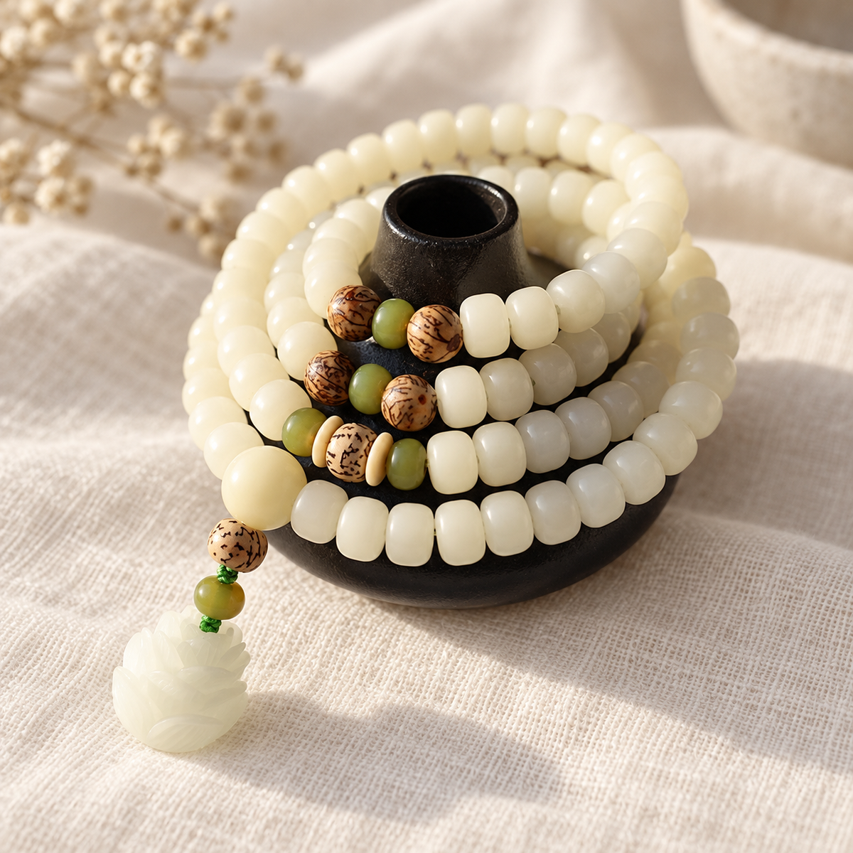 White Bodhi seed mala wrapped around a small display stand, with lotus pendant.