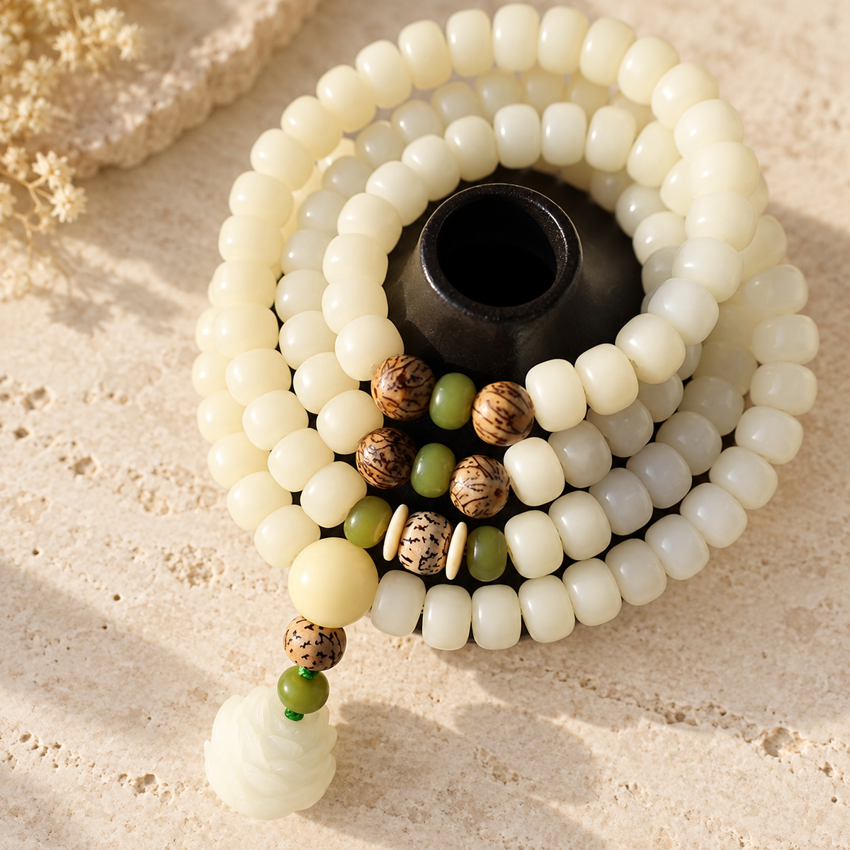 Top view of the Bodhi seed mala, showing speckled accent beads and green cord.