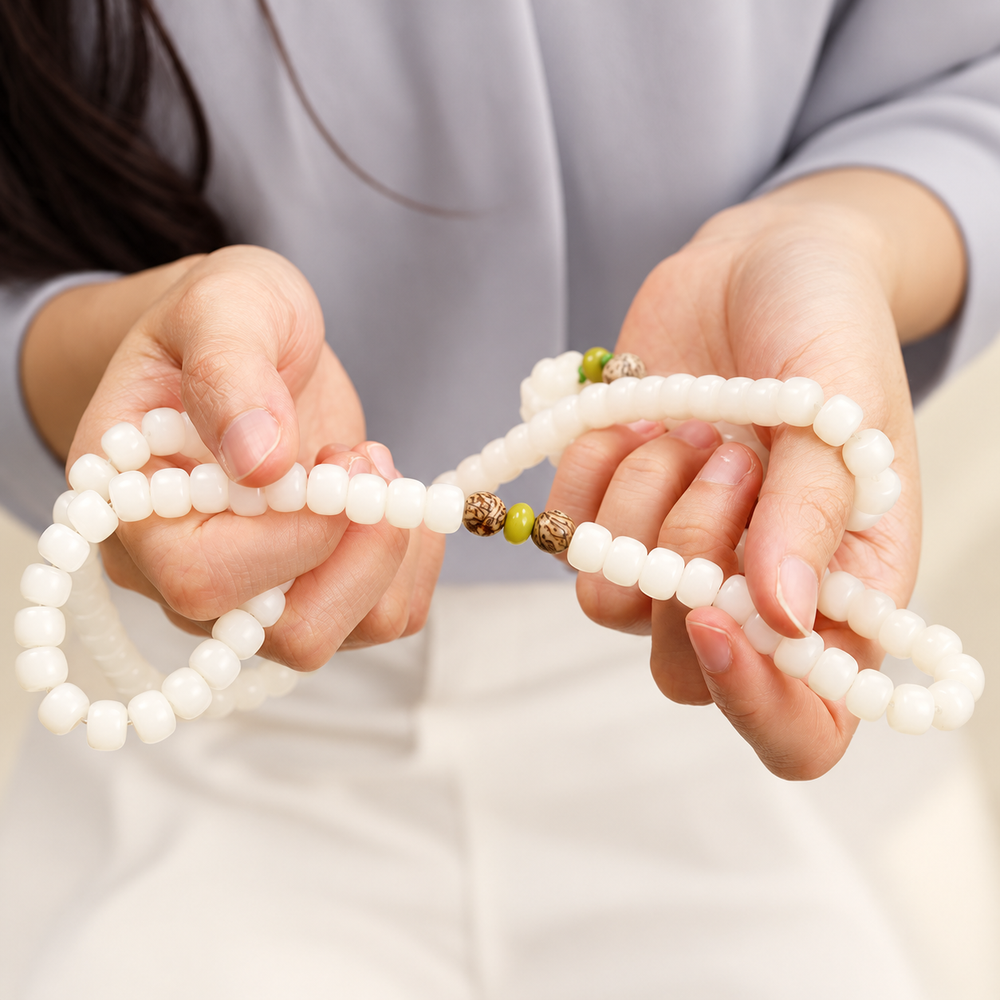 Bodhi seed mala held between two hands to show its continuous strand.