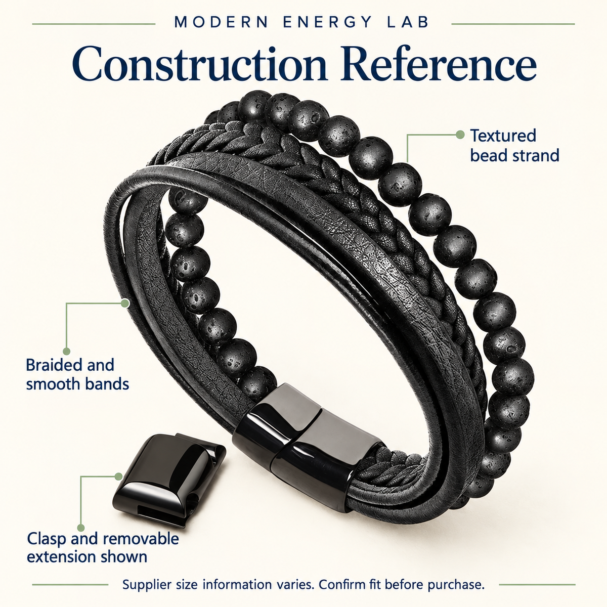 Construction reference showing bead strand, braided bands, clasp and removable extension; fit requires confirmation.