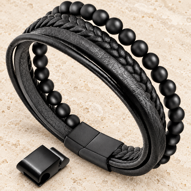 Dark Texture Black Onyx option with smooth black beads and matte clasp extension shown.