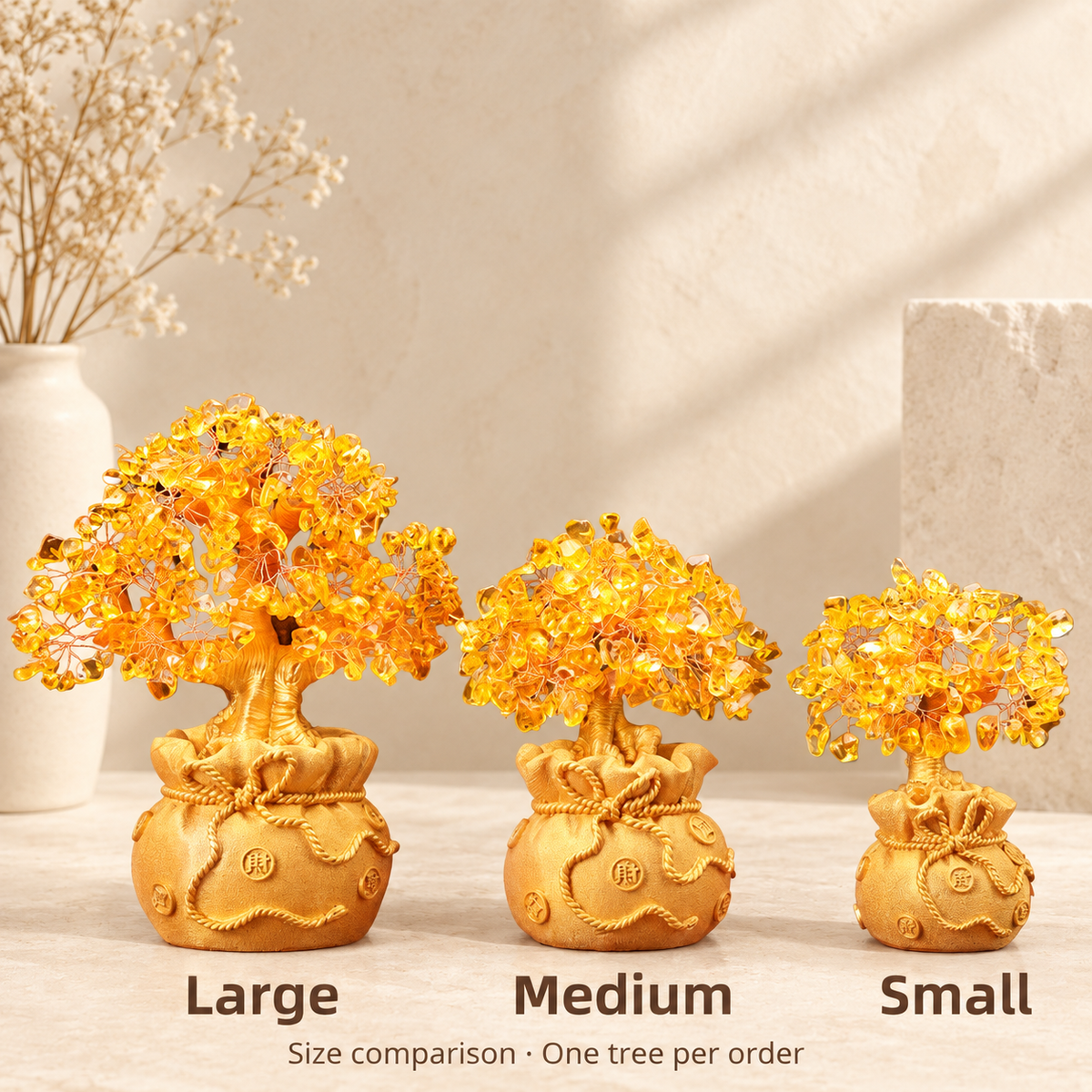 Large, Medium and Small decorative tree sizes compared; one tree per order