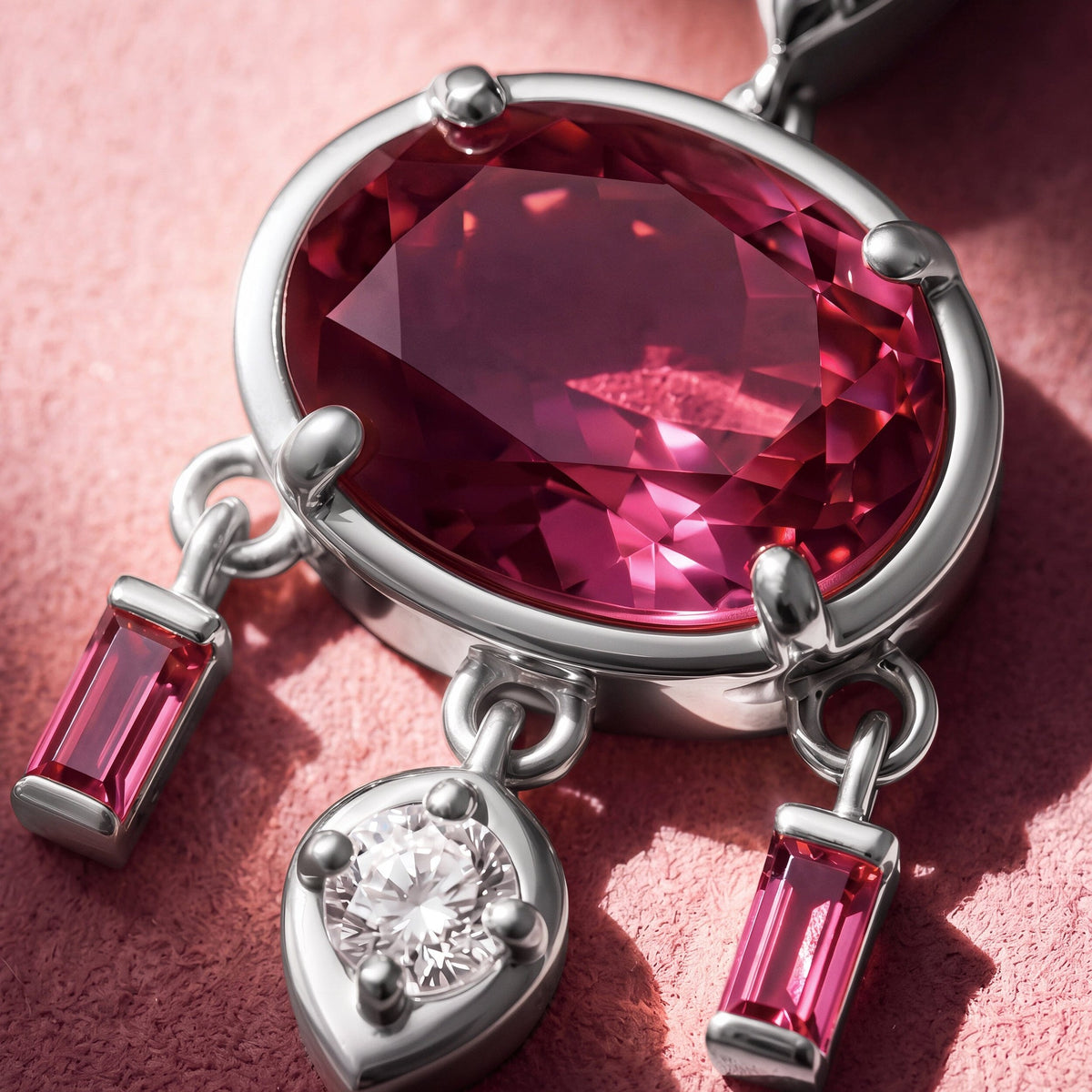 Close-up of an oval pink topaz pendant with pink baguette stones beside it