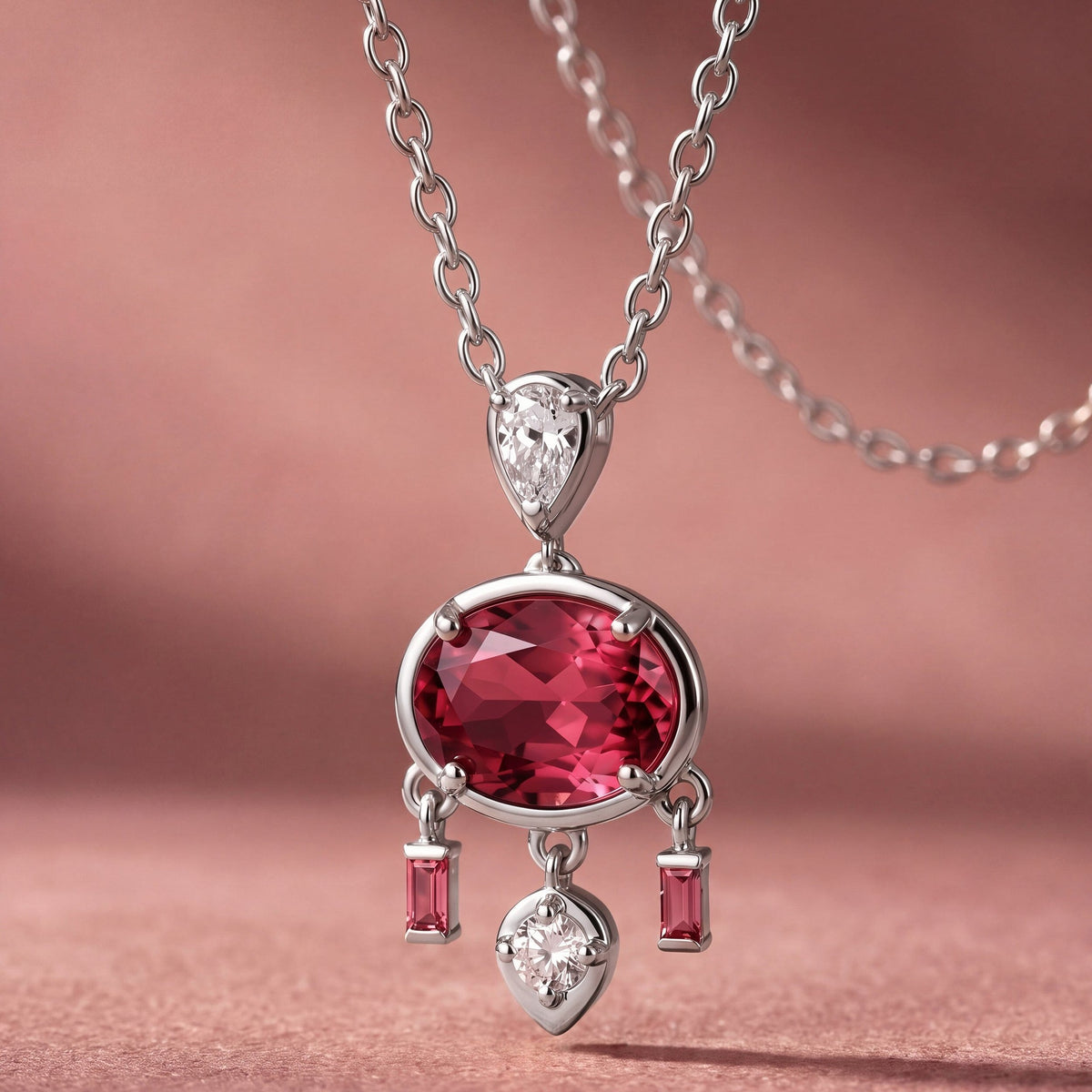 Pink topaz pendant on a chain against a pink background