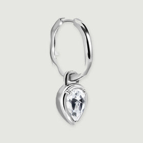 A single silver-toned earring is shown at an angle with its hoop clasp and pear-shaped drop visible.