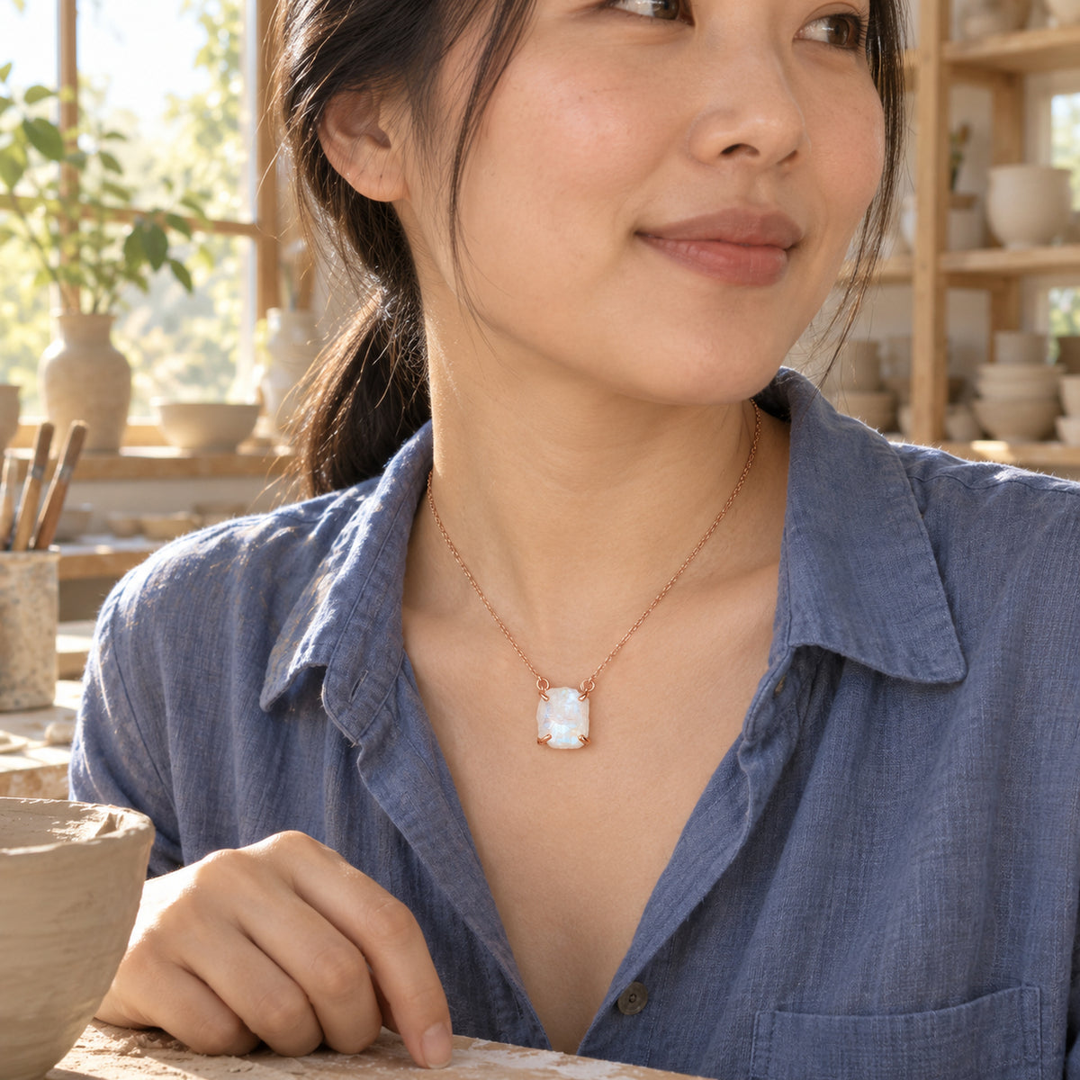 A woman in a blue cotton shirt wears the raw moonstone necklace beside a pottery workbench.