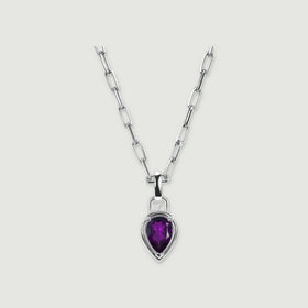A white rhodium plated necklace shows a faceted purple pear-shaped stone below a polished bail.