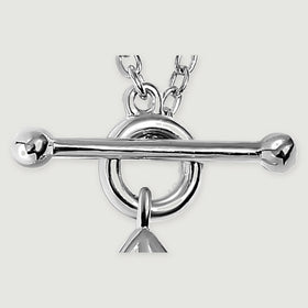 Polished silver ball ends and a horizontal toggle bar sit across a circular ring with oval chain links visible above.