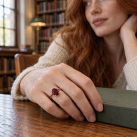 A freckled hand wearing a rose gold vermeil red gemstone ring rests on a clothbound book at a wooden library table.