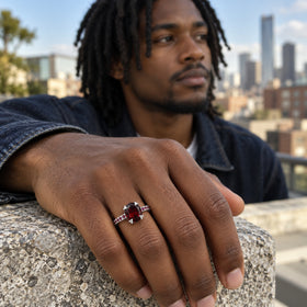 A man wears a sterling silver ring with a dark red oval gemstone while resting his hand on a stone terrace ledge.