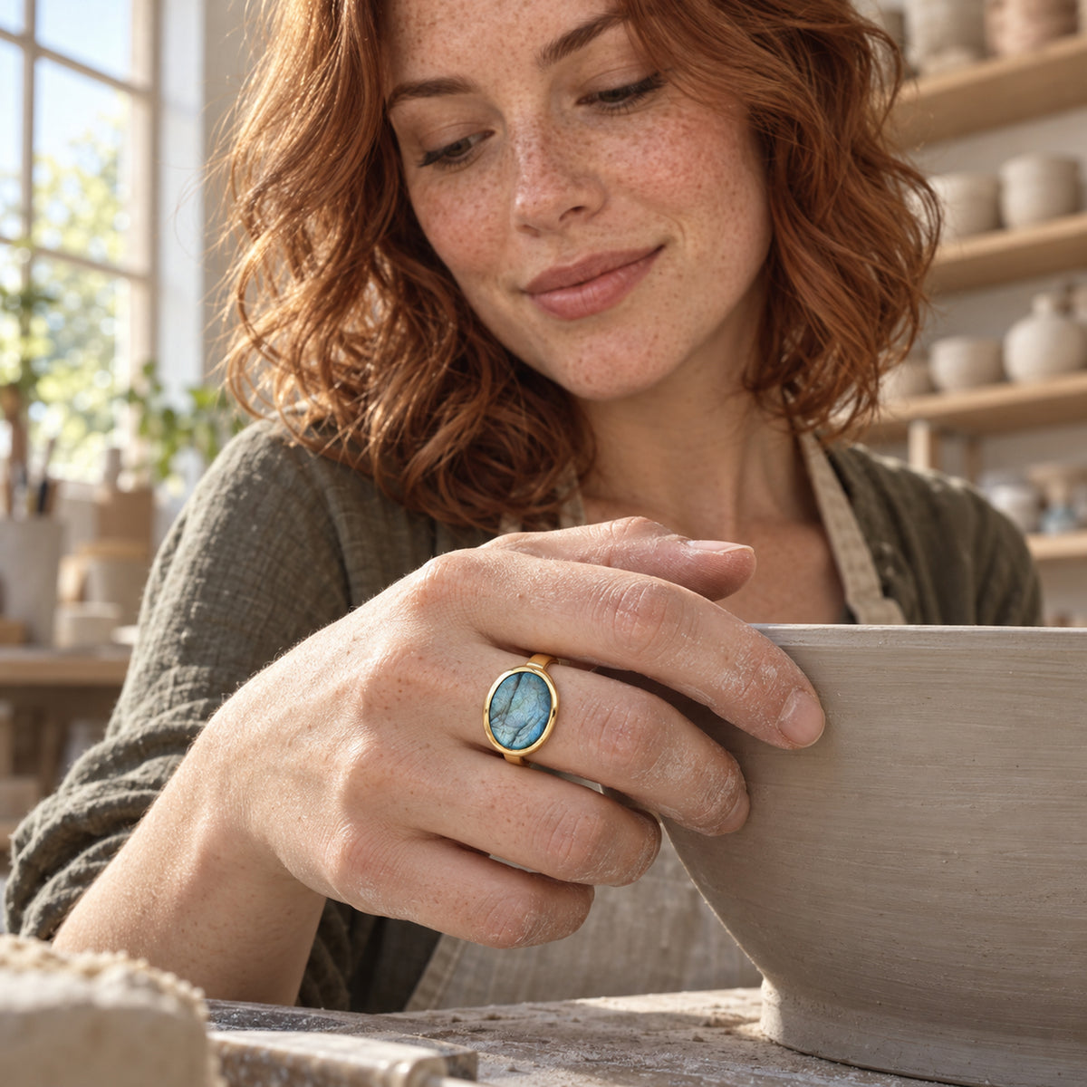 A yellow gold vermeil ring with a veined blue stone is shown on a hand holding the rim of a pottery bowl.
