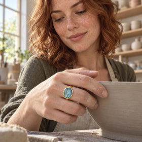 A yellow gold vermeil ring with a veined blue stone is shown on a hand holding the rim of a pottery bowl.