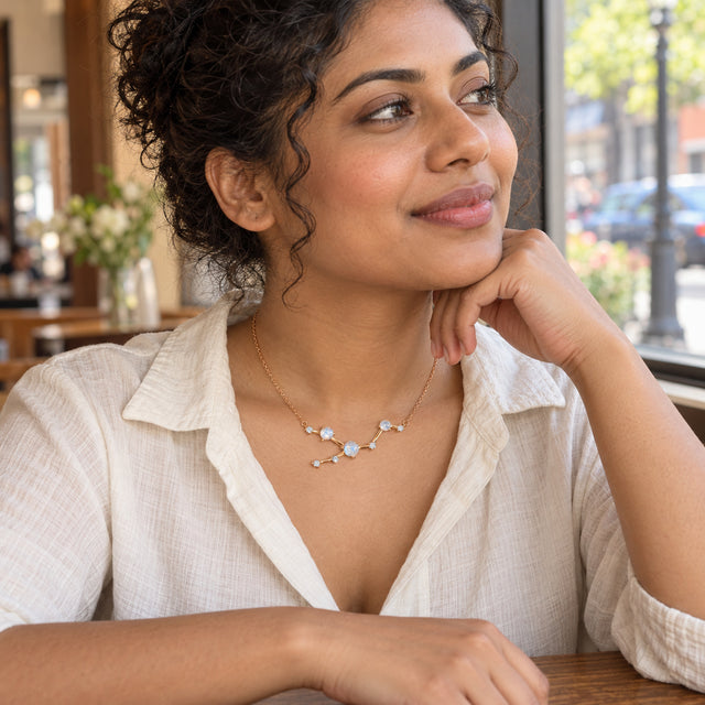 A woman rests her chin on her hand while wearing a rose gold moonstone necklace beside a cafe window.