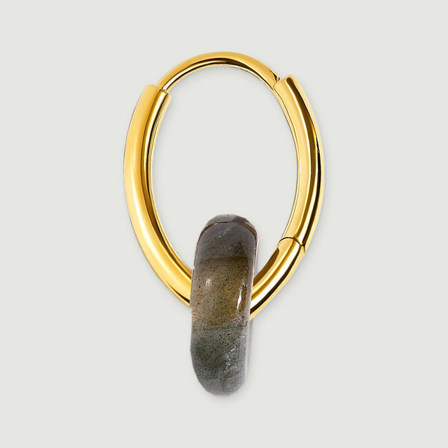 A yellow gold hoop is shown from the side with the rounded edge of its labradorite disc visible.