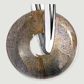 Fine natural speckles and a polished rim are visible around the center opening of a gray labradorite drop.