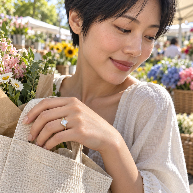 A yellow gold moonstone and diamond ring is worn on a hand holding a canvas bag among market flowers.