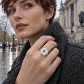 A silver moonstone ring is worn on a hand holding the collar of a dark coat on a wet city street.