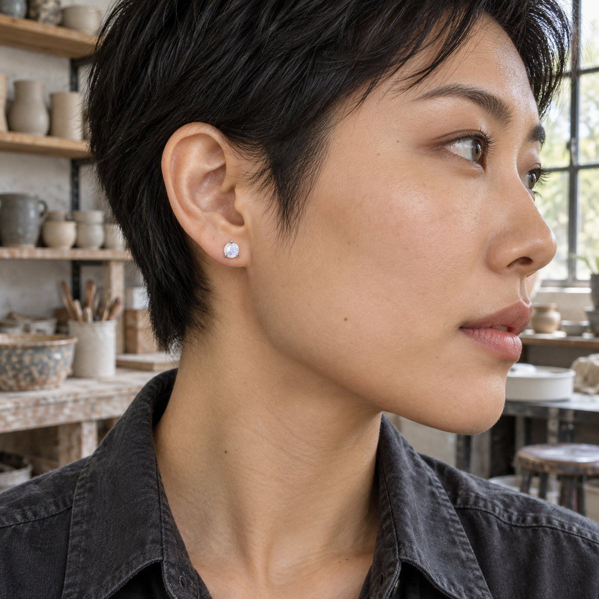 The silver moonstone stud is worn on an exposed earlobe beside short black hair, with pottery shelves in the background.
