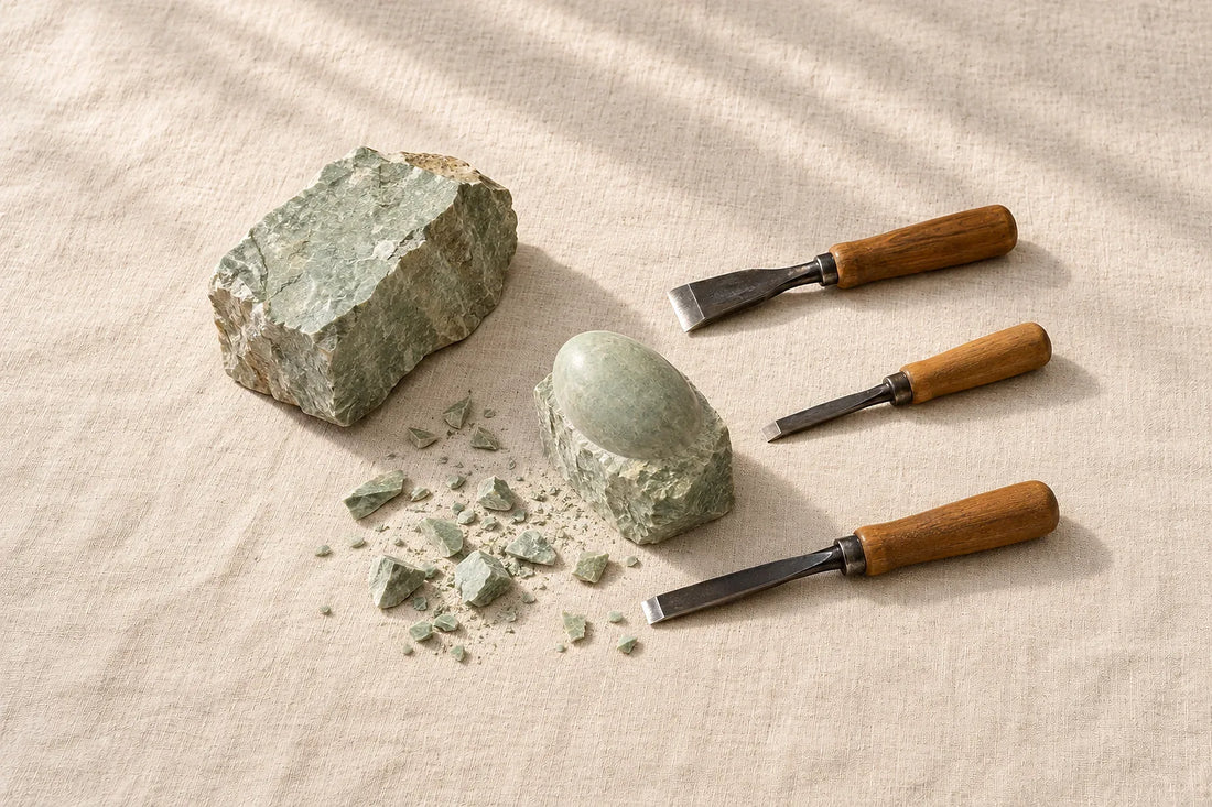 Unmarked carving tools, rough pale-green stone and a half-finished geometric carving blank on ivory linen.