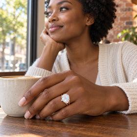 A woman wears the rose gold moonstone ring while resting her hand beside a ceramic coffee cup on a wooden cafe table.