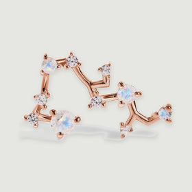 A close view of the rose gold stud shows round moonstones held by small prongs along an angular openwork frame.