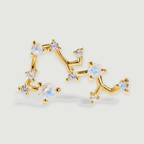 The yellow gold earring is shown from the front with four pale iridescent stones and smaller clear stone accents.