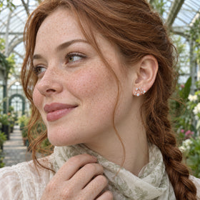 A freckled woman with an auburn braid wears a rose gold constellation stud beside glass arches and greenhouse plants.