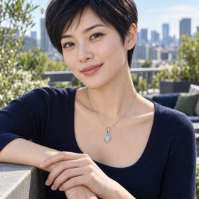 A woman with short black hair wears the silver-colored aquamarine necklace with a navy top on a terrace overlooking city buildings.
