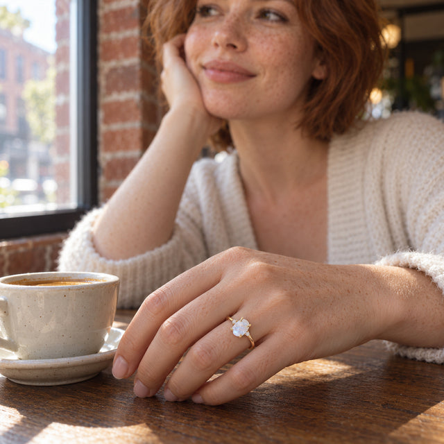A yellow gold moonstone ring is worn on a freckled hand beside a ceramic coffee cup in a cafe.