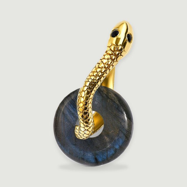 A single gold-tone earring shows its curved rear hoop beside a dark blue labradorite disc.