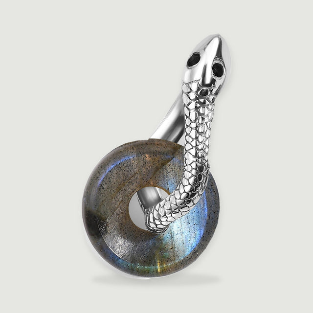 One rhodium-tone earring reveals a polished rear loop behind the blue-gray stone.