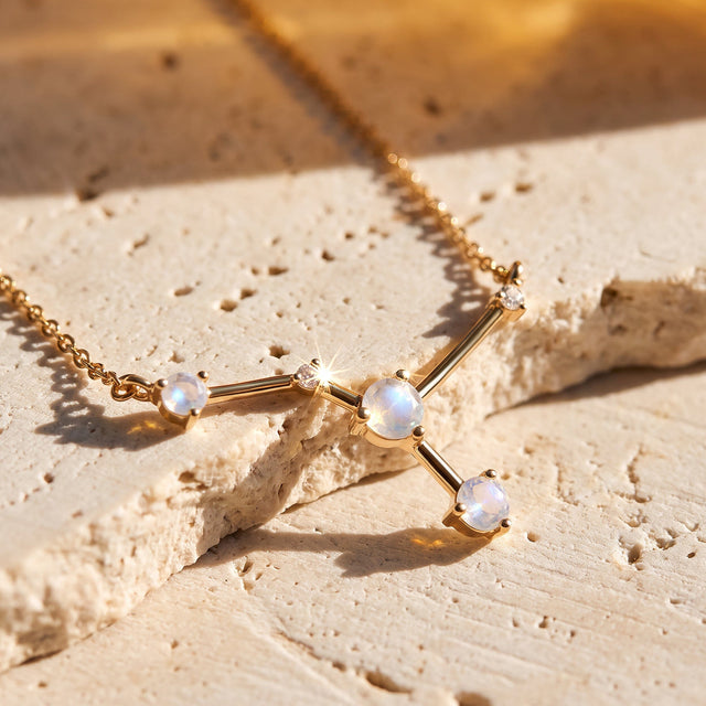 A close view shows the yellow gold vermeil bars and pale round stones resting on a textured stone surface.