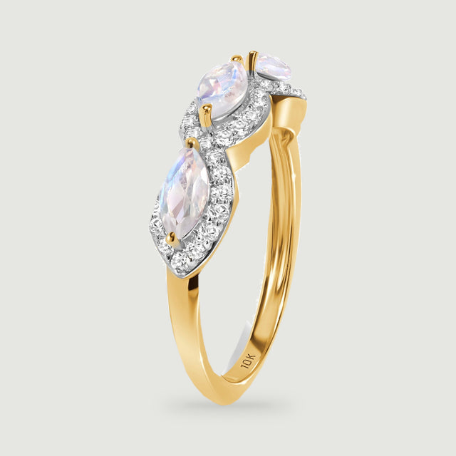 The side view shows a yellow gold shank beneath a row of diamond edged marquise moonstones.