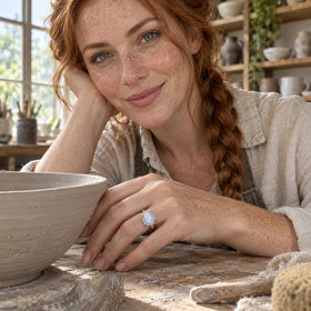 The white gold moonstone ring is worn on a freckled hand resting beside a ceramic bowl in a pottery studio.