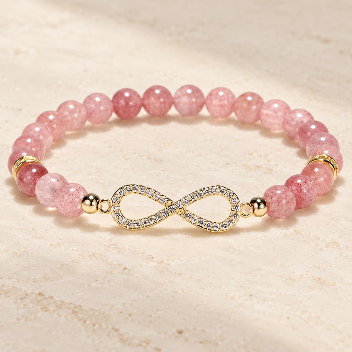 Pink bead bracelet with an infinity-shaped connector; AI-edited draft reference.