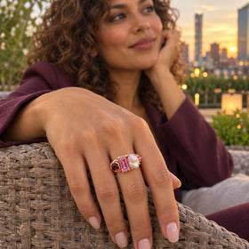 A woman in a plum jacket wears a rose gold gemstone and pearl ring with her hand resting on a woven chair beside a sunset city view.