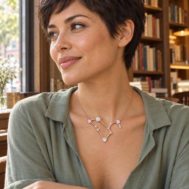 A woman with short dark hair wears the rose gold necklace above a sage blouse beside a window and wooden bookshelves.