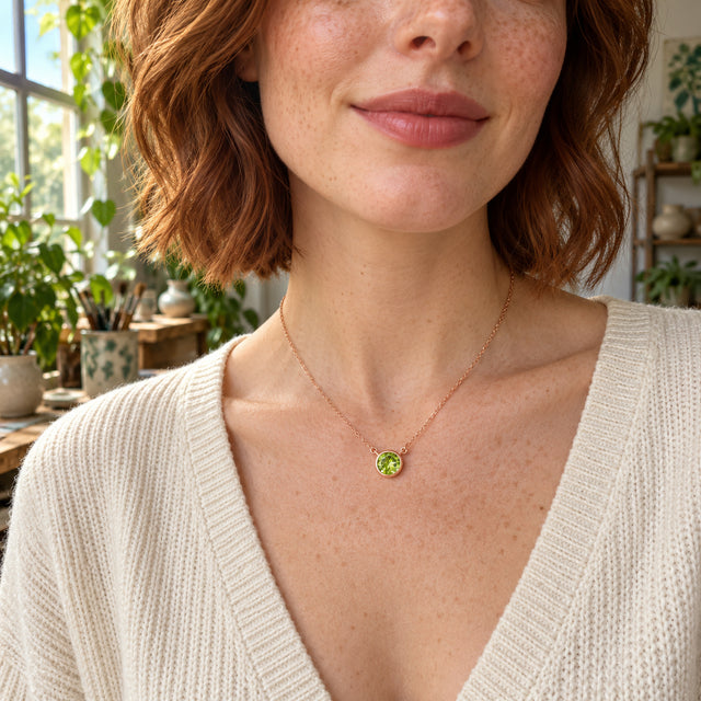 A freckled woman with an auburn bob wears a rose gold peridot necklace with a cream knit top beside a bright studio window.