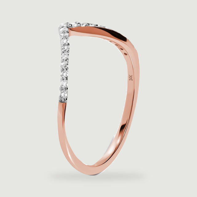 The rose gold ring is shown upright with open settings beneath the diamond-lined curve.