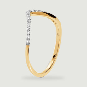 A side view shows the yellow gold band, circular openings, and diamonds along the upper edge.