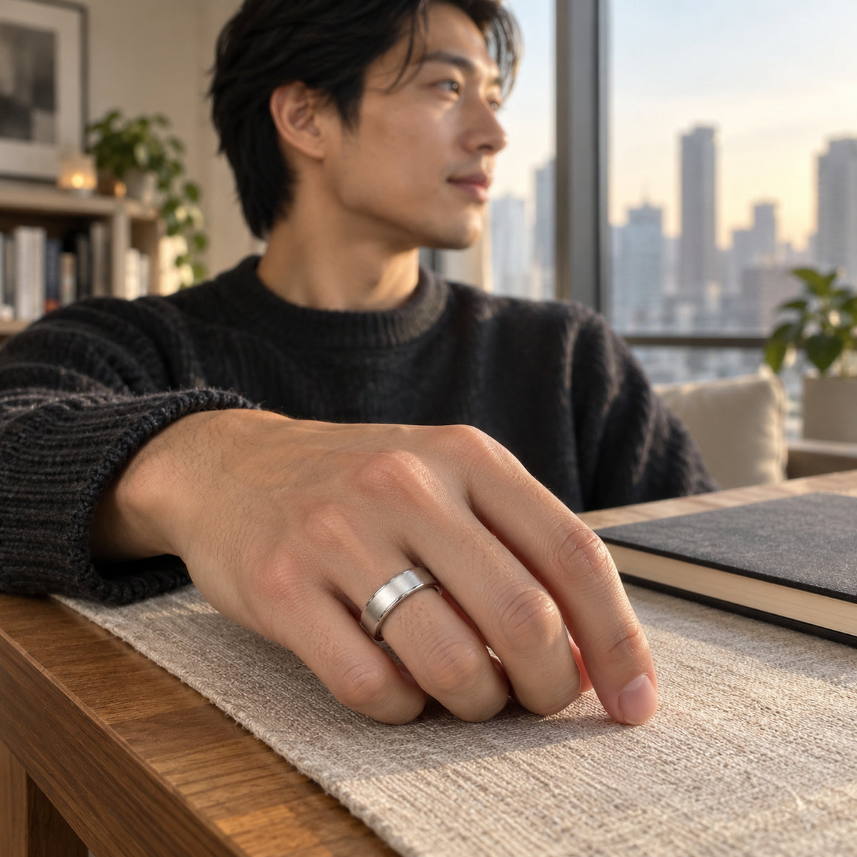 A man rests his hand with the silver band on a linen-covered wooden desk beside a window.