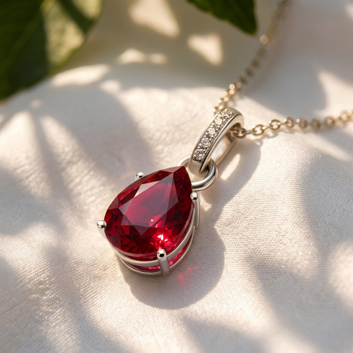 A red gemstone in a silver setting rests on textured pale fabric with its clear-stone bail and chain visible.