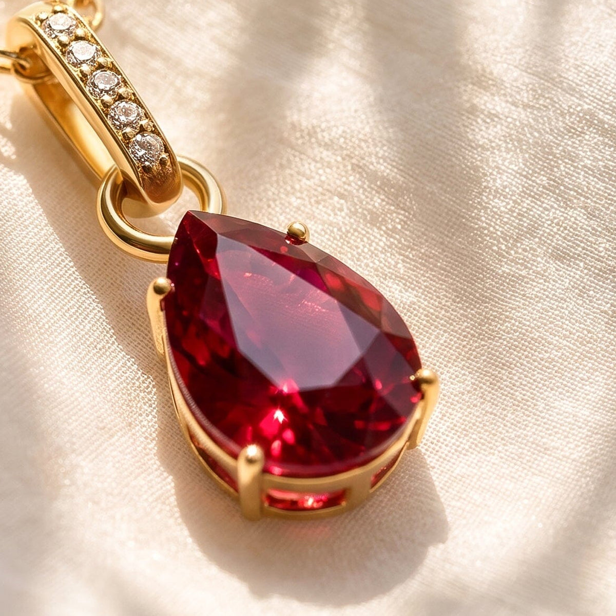 An angled detail reveals the gold prongs and open side of the red gemstone setting on softly folded linen.