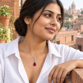 A woman in a white open-collar shirt wears a silver ruby pendant with her hand resting on a brick terrace ledge.
